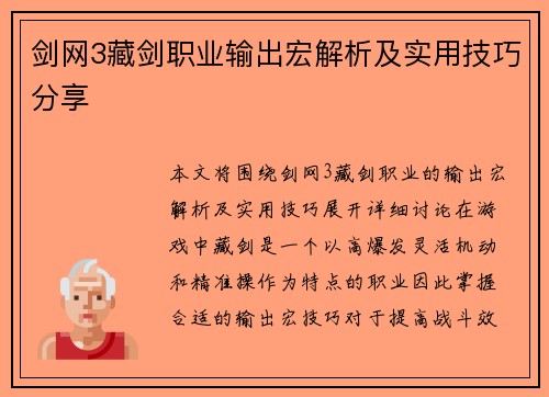 剑网3藏剑职业输出宏解析及实用技巧分享